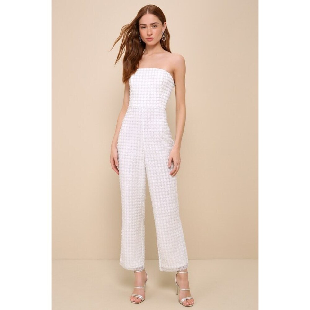 Lulus Brilliant Magnificence White Pearl Sequin Strapless Jumpsuit - Size XS